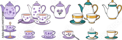 Various tea sets and cups in flat style with purple and gold accents  
