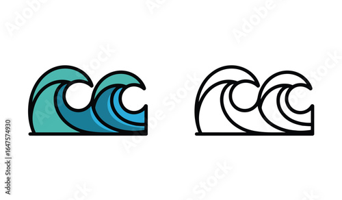 Illustrative Ocean Waves in Color and Outline Depicting Nautical and Coastal Themes, and the Beauty of Seascapes