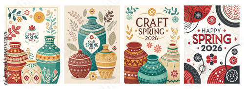 Colorful spring-themed artwork featuring decorative vases and floral designs.