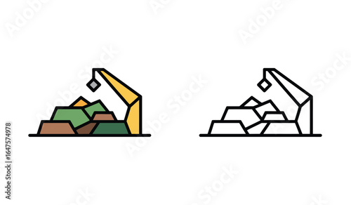Mining Site Depiction Featuring a Crane and Geological Formations in Color and Outline Styles