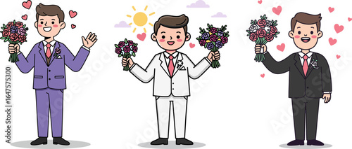 Three cheerful men holding bouquets in various suits with hearts  