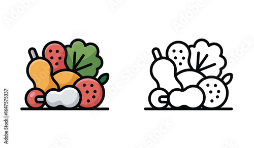 A Colorful and Black and White Icon Set of Vegetables and Fruits Freshly Picked