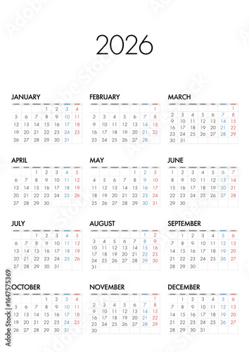 2026年の年間カレンダー月曜始まり日本の祝日表記は無し
