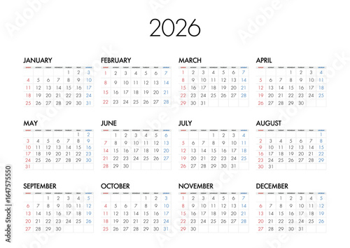 2026年の年間カレンダー日曜始まり日本の祝日表記は無し