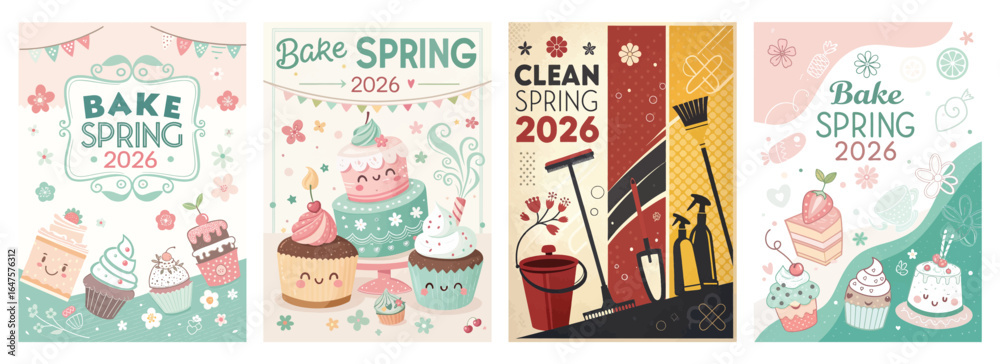 Obraz premium Colorful spring-themed illustrations featuring baked goods and cleaning supplies, perfect for seasonal promotions.