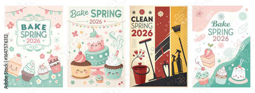 Colorful spring-themed illustrations featuring baked goods and cleaning supplies, perfect for seasonal promotions.