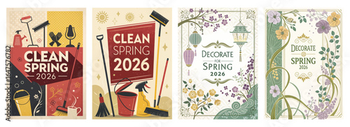 Colorful spring cleaning and decorating posters featuring cleaning tools and floral designs for 2026.