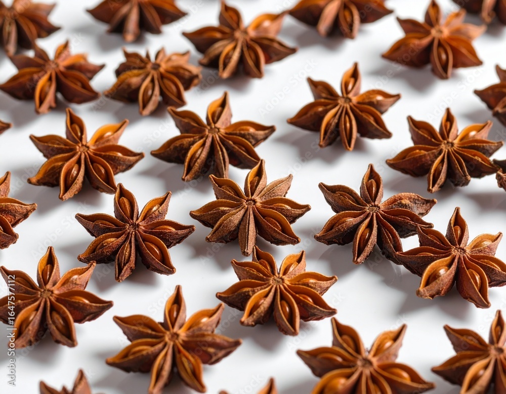 Fototapeta premium Close-up image of dried anise seeds scattered on a modern glossy white surface