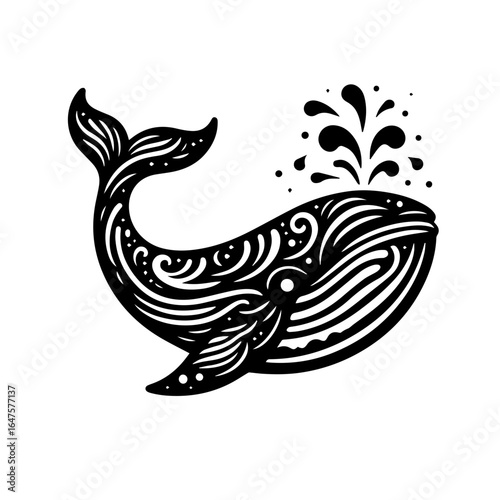 Intricate ornamental whale spouting water illustration.