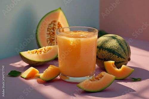 Glass of Fresh Melon Juice with Sliced Melon on Minimalist Table