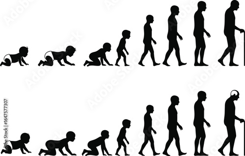Human life stages silhouette, aging process, childhood to elderly, development timeline, black outline, growth concept, vector illustration