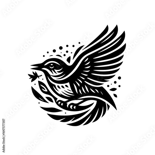 Stylized black bird in flight with a leaf illustration.