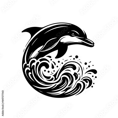 Stylized dolphin logo with ocean waves in a dynamic black and white illustration.