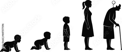 Human life stages, silhouette evolution, aging process, baby to elder, growth timeline, generational change, physical development, life journey
