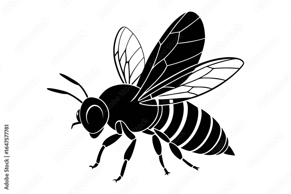 Obraz premium Bee Silhouette: A striking silhouette of a bee is elegantly depicted, capturing its intricate structure and dynamic flight. The stark contrast accentuates its delicate form.
