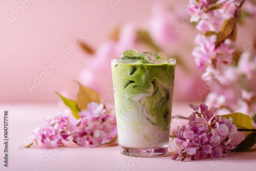 A glass of iced matcha latte with milk, surrounded by cherry blossoms on a soft pink background.