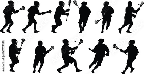 Lacrosse player silhouette, running, catching, passing ball, vector sports illustration, athlete action pose, team game graphic, black design art