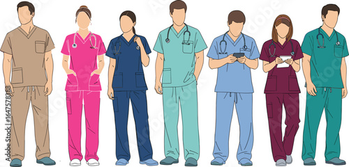 Medical staff illustration, diverse scrubs, healthcare professionals, stethoscope, tablet device, nurse and doctor, hospital attire, vector people