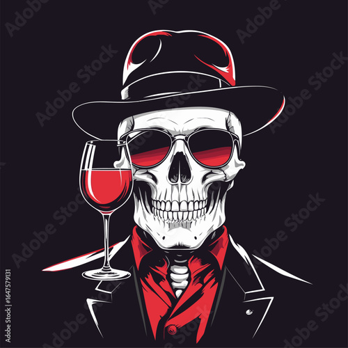 Vector illustration of a skull wearing a suit and hat carrying a glass of wine