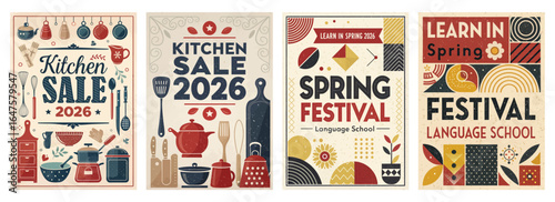 Colorful posters promoting kitchen sales and spring festivals for a language school in 2026.