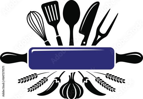 Kitchen utensils and ingredients arranged around a rolling pin