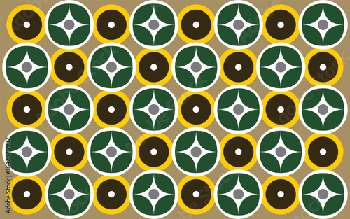 vector seamless pattern with circles. An Indonesian ethnic batik style vector with a repeating geometric circle pattern in a green, yellow, and brown color scheme. Floral background design art 