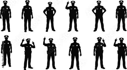 Police officer silhouettes, law enforcement poses, uniformed figures, gesture variety, standing positions, black outline, authority icons, vector police