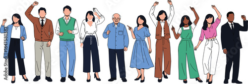 Protest illustration, raised fist gesture, diverse people, solidarity pose, social movement, community unity, casual and formal clothing, vector art