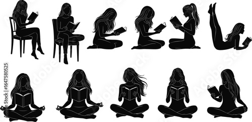 Reading silhouette icon set, book lover vector, sitting and lying poses, relaxed lifestyle graphic, black design, study posture