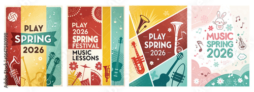Colorful and lively spring festival promotional materials featuring musical instruments and playful designs.
