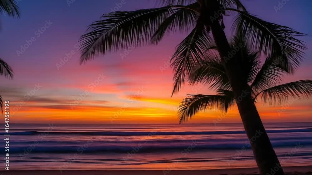 Colorful sky at sunset on tropical beach with palm trees Colorful sky at sunset on tropical beach with palm trees