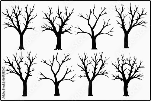 Collection of eight black silhouette bare trees on a white background