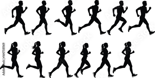 Running silhouettes, male and female, athletic motion, stride variation, biomechanics reference, black outline, sports pose, fitness vector