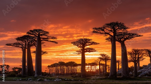Fototapeta Naklejka Na Ścianę i Meble -  A stunning sunset silhouette of baobab trees against a vibrant orange and purple sky, showcasing nature's beauty and tranquility.