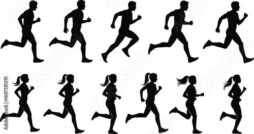 Running silhouettes, male and female, stride stages, athletic motion, biomechanics reference, black outline, fitness vector, sports pose, animation guide