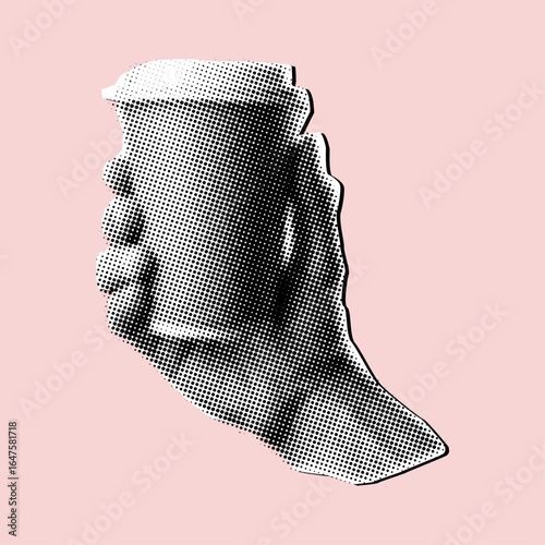Hand holding coffee paper cup in halftone style,collage element