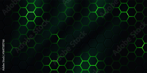 Dark hexagonal technology vector abstract background. Green bright energy flashes under hexagon in futuristic illustration modern technology background. Dark honeycomb texture grid.