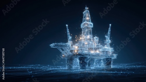 A detailed representation of an advanced oil rig is shown, illuminated by lights and enveloped in digital data patterns, emphasizing innovation in offshore energy production