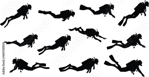 Scuba diver silhouette set, underwater swimming vector, diving posture icons, gear and fins graphic, black design, aquatic motion