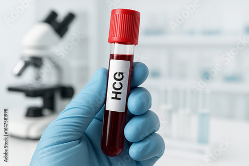 Gloved hand holding HCG blood test sample tube in laboratory