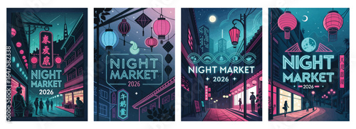 Vibrant night market illustrations showcasing colorful lanterns and a bustling atmosphere.