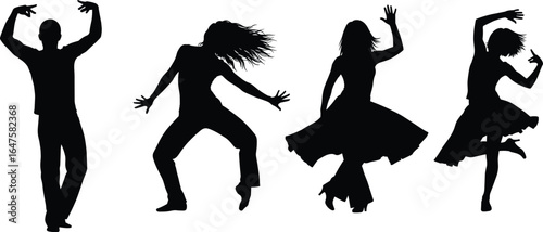 Silhouettes of dancers in expressive poses, energetic movement, dance illustration, performing arts, graceful motion, choreography design, black figures