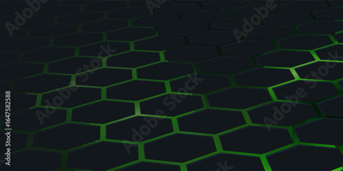 Dark hexagonal technology vector abstract background. Green bright energy flashes under hexagon in futuristic illustration modern technology background. Dark honeycomb texture grid.