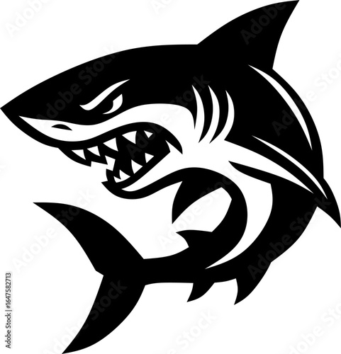 Angry shark mascot vector illustration with sharp teeth. Black and white graphic icon for a sports team or logo design.