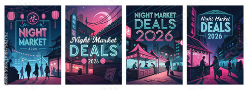 Colorful night market posters featuring vibrant designs and festive elements, ideal for promotional use.