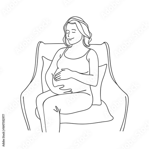 Pregnant woman sitting in a chair holding her belly. Sketch. Outline drawing.