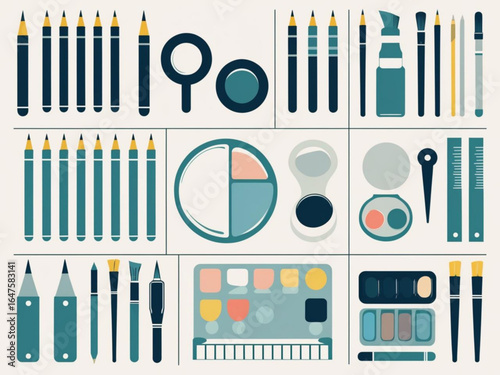 A set of icons representing a makeup artist's tools, including brushes, eyeshadow palettes, and pencils