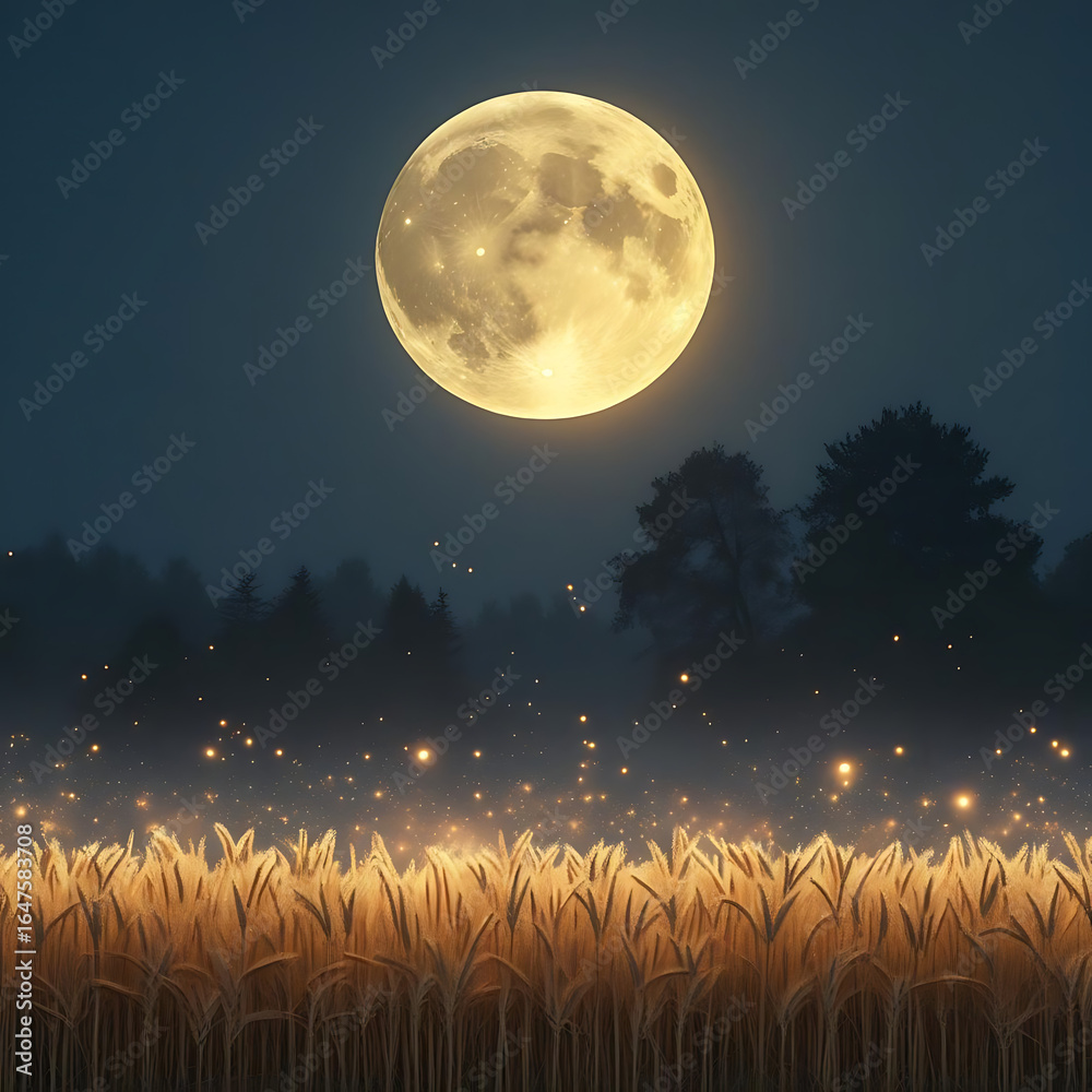 Fototapeta premium A glowing full moon hangs over a field of tall grass with fireflies and a dark forest in the background.