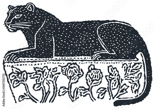 A majestic panther lying on a decorative floral plinth. Vector illustration in a vintage, historical woodcut or engraving art style.