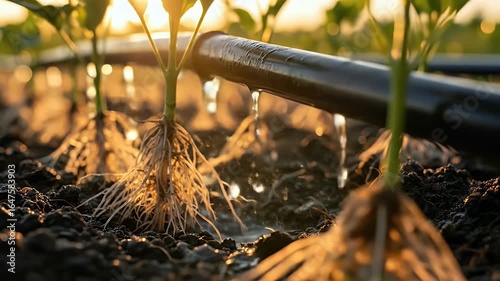 Drip irrigation waters young plants in golden sunlight